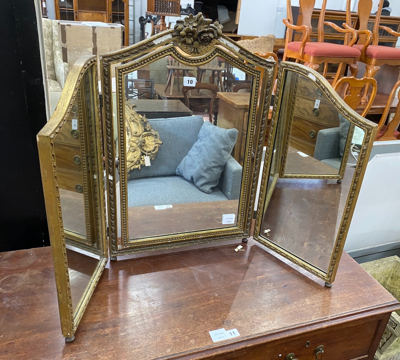 A giltwood and composition triple dressing table mirror, height 69cm